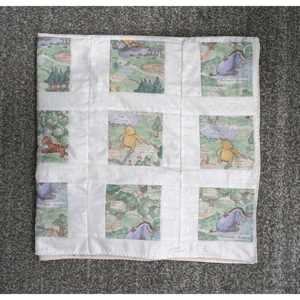Handmade White Green Winnie the Pooh Baby Blanket Quilt 35 x 34